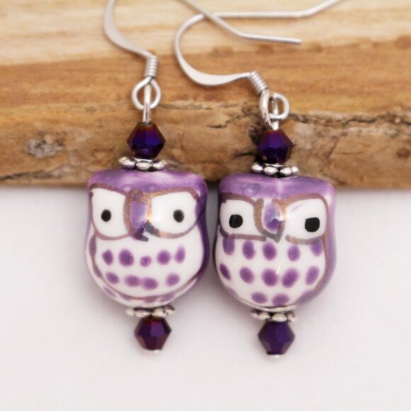 Purple Hand Painted Beaded Owl Earrings - Handmade & Hypoallergenic - Picture 6 of 7